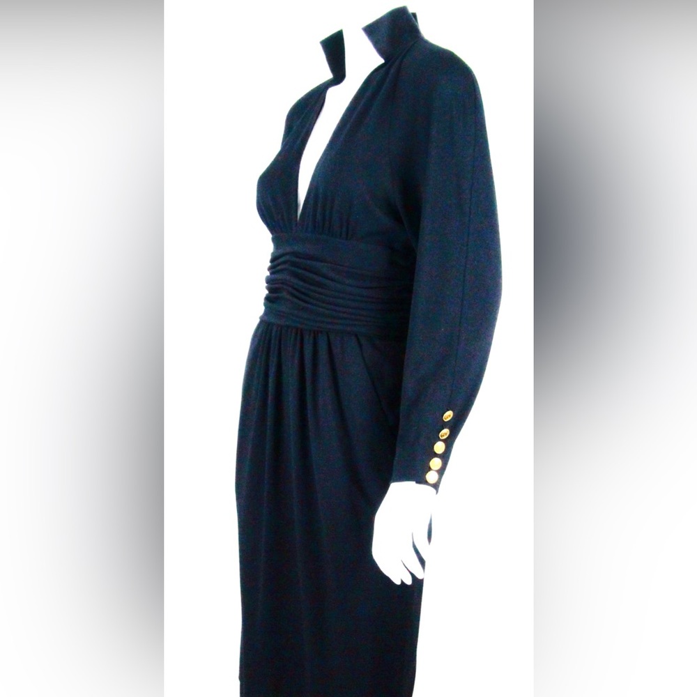 RARE Vintage 80s Chanel Boutique Black Wool Dress w/ Silk Collar & gold buttons